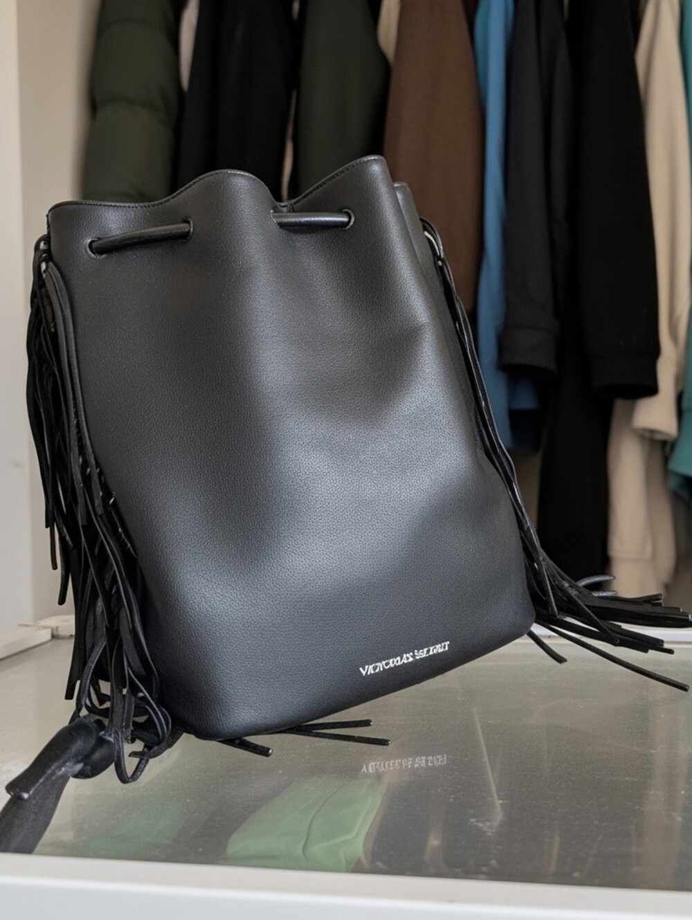 Victoria's Secret Black Faux Leather Limited Edition Fringe Backpack